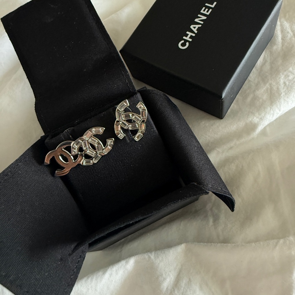 CHANEL Silver CC Crystal Logo Stud Earrings